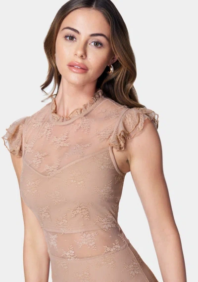 Bebe Illusion Lace Midi Dress In Nude