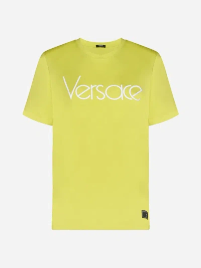 Shop Versace Logo Cotton T-shirt In Yellow,white
