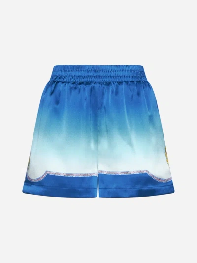 Shop Casablanca Coquillage Print Silk Shorts In Blue,multicolor