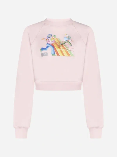 Shop Casablanca Crayon Tennis Players Cotton Cropped Sweatshirt In Pink
