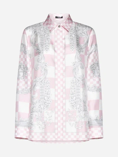 Shop Versace Barocco Check Print Silk Shirt In Pastel Pink,white,silver