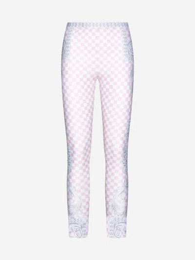 Shop Versace Barocco Check Print Leggings In Pastel Pink + White + Silver