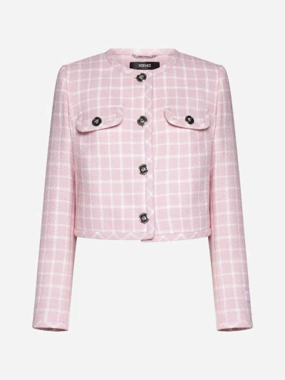Shop Versace Check Wool-blend Cropped Jacket In Pastel Pink,white