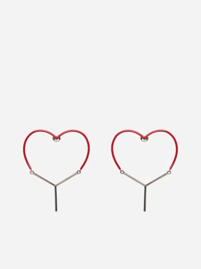 Shop Y/project Mini Y Heart Earrings In Red,silver