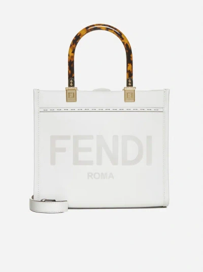 Shop Fendi Sunshine Leather Small Tote Bag In White