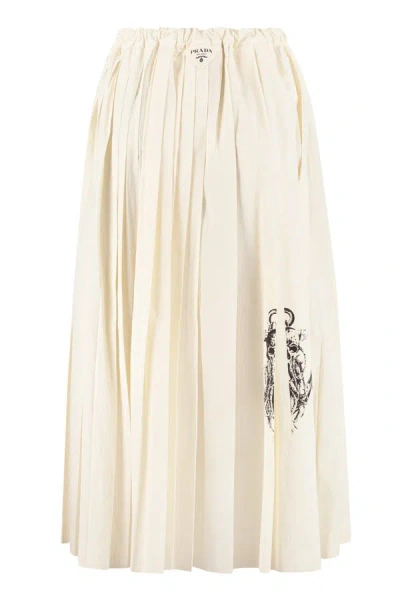 Shop Prada Printed Cotton Midi Skirt In Ivory