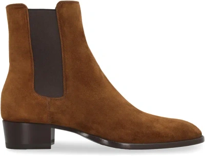 Shop Saint Laurent Wyatt Suede Ankle Boots In Brown