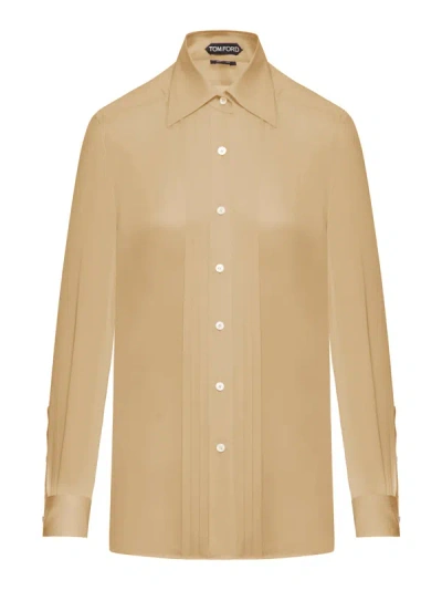 Shop Tom Ford Silk Shirt With Plisse Plastron In Nude & Neutrals