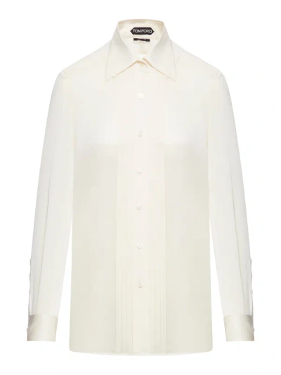 Shop Tom Ford Silk Shirt With Plisse Plastron In White
