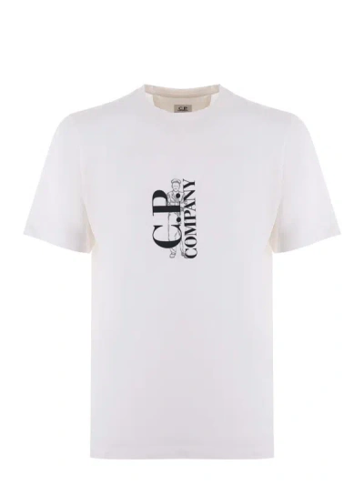 C.p. Company White T-shirt With Vertical Logo Printed On The Front In Cotton Man In Bianco Latte