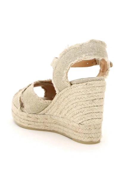 Castaã±er Beige Wedge Sandals With Criss-crossed Straps In Canvas And Straw Woman Castaner