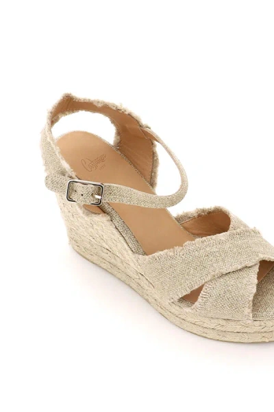 Castaã±er Beige Wedge Sandals With Criss-crossed Straps In Canvas And Straw Woman Castaner