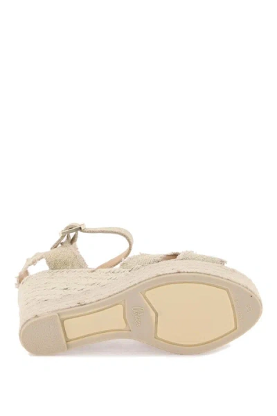 Castaã±er Beige Wedge Sandals With Criss-crossed Straps In Canvas And Straw Woman Castaner