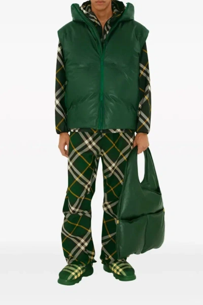 Burberry Men's Check Pattern Trousers With Elastic Waist And Drawstring In Green