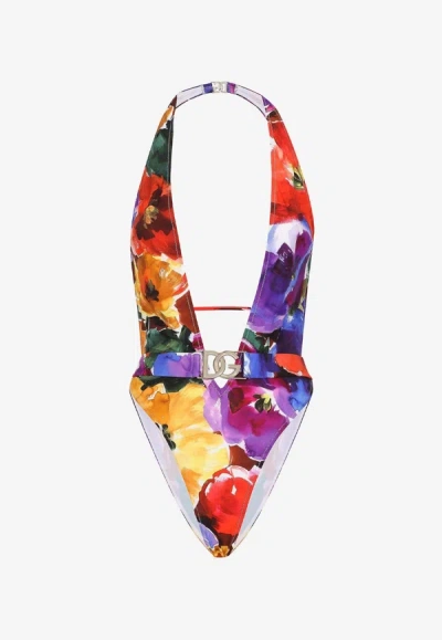 Shop Dolce & Gabbana Belted Floral One-piece Swimsuit In Multicolor