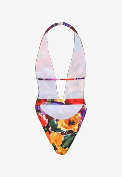 Shop Dolce & Gabbana Belted Floral One-piece Swimsuit In Multicolor