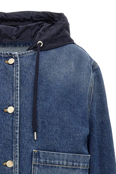 Shop Moncler Women Denim Hooded Jacket In Blue