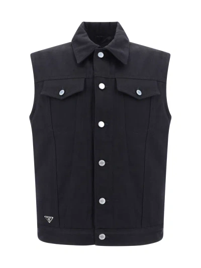 Shop Prada Men Denim Vest In Black