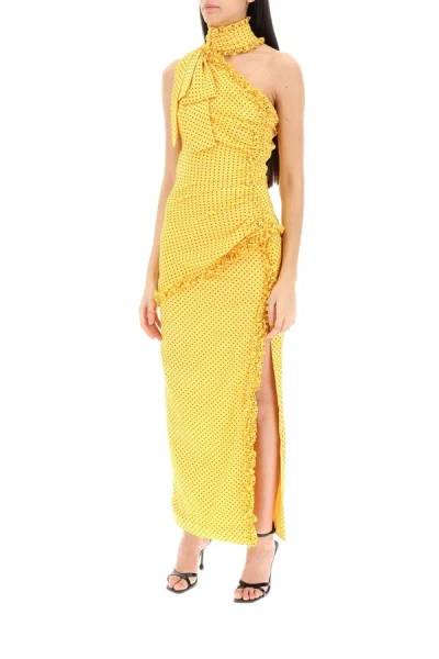 Shop Alessandra Rich Polka Dot One Shoulder Maxi Dress