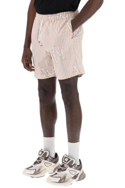 Shop Amiri Stripe Technical Poplin Bermuda Shorts With Logo "striped