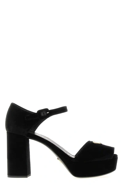 Shop Prada Women Logo Velvet Sandals In Black