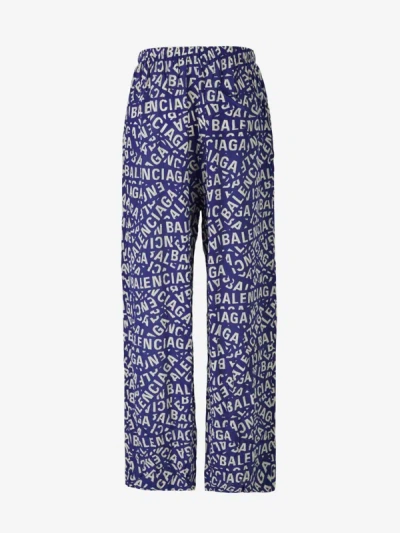 Shop Balenciaga Logo Pajama Pants In Navy Blue And White