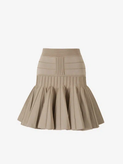 Shop Balmain Pleated Knitted Skirt In Taupe