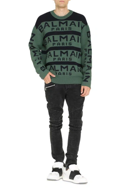 Shop Balmain Wool-blend Crew-neck Sweater In Green