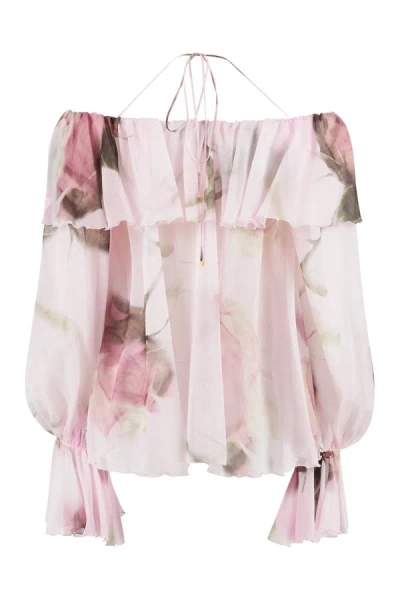 Shop Blumarine Printed Silk Blouse In Pink