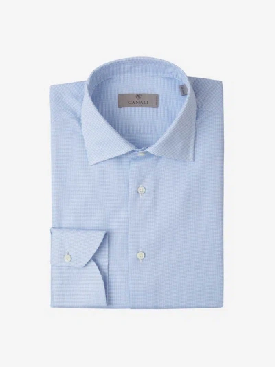 Shop Canali Micro Check Motif Shirt In Sky Blue