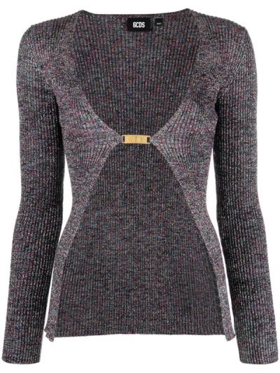 Gcds Long Multicolor Cardigan With Logo Clip In Lurex Woman In Grey