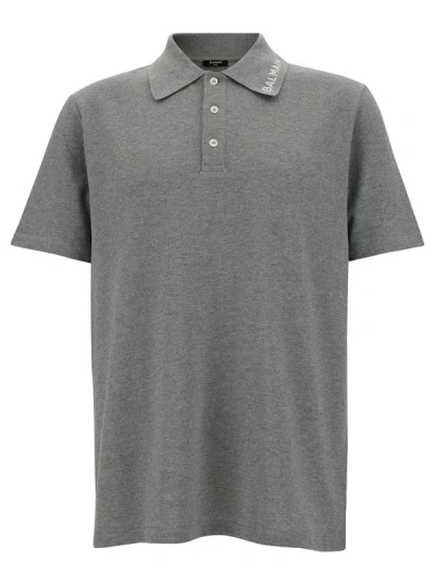 Shop Balmain Grey Polo Shirt With Logo Embroidery On Collar In Cotton Man