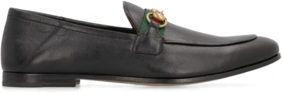 Shop Gucci Web Detail Leather Loafers In Black