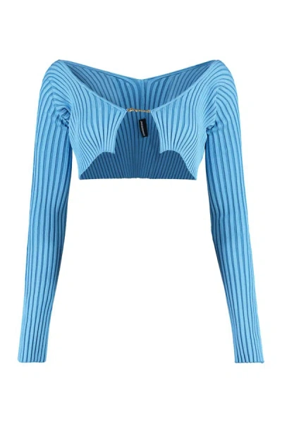 Shop Jacquemus Pralu Ribbed Cropped Cardigan In Blue