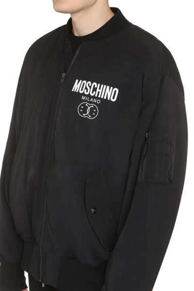 Shop Moschino Smiley Padded Bomber Jacket In Black