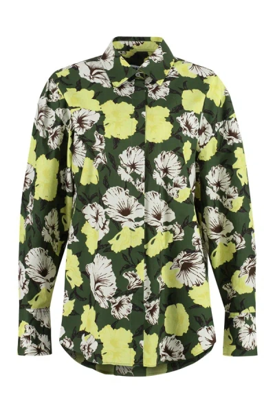 Msgm Cotton Shirt With Floral Print And Collar In Green