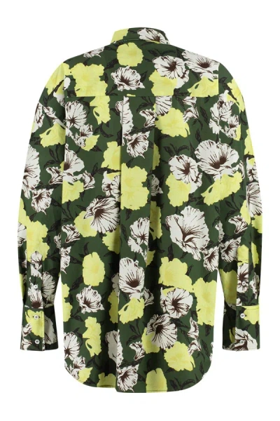 Msgm Cotton Shirt With Floral Print And Collar In Green
