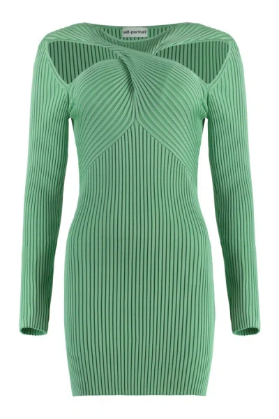 Shop Self-portrait Ribbed Knit Dress In Green