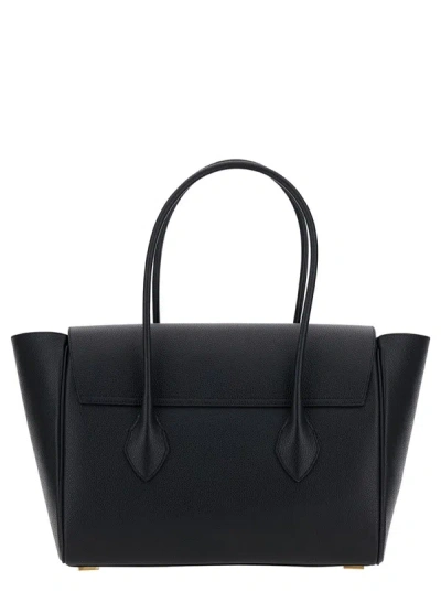 Shop Ferragamo Black Tote Bag With Logo And Plaque Detail In Hammered Leather Woman