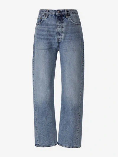 Totême Light Blue Straight Five-pockets Jeans With Logo Patch In Cotton Denim Woman In Denim Blue