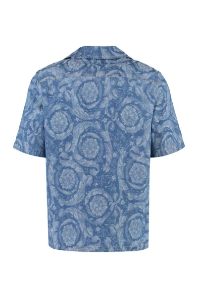 Shop Versace Floral Print Cotton Shirt In Denim