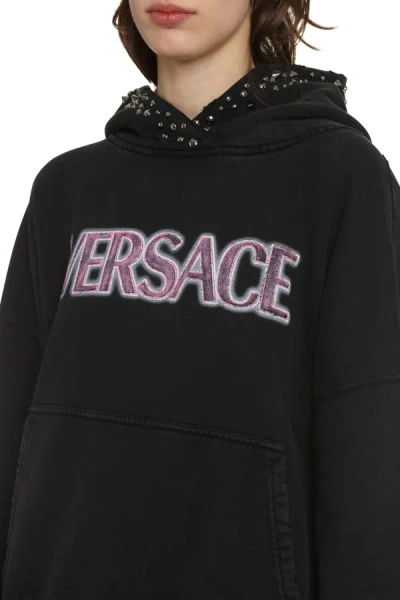 Shop Versace Logo Cotton Hoodie In Black