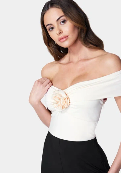 Bebe Off Shoulder Rosette Jumpsuit In Black,ivory