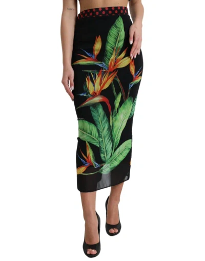 Shop Dolce & Gabbana Black Strelitzia High Waist Pencil Cut Skirt