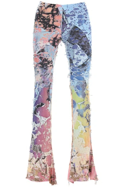 Shop Diesel Destroyed Jersey Flared Pants With Bell-bottom In Multicolor
