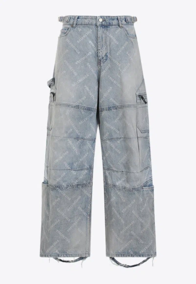 Shop Balenciaga All-over Crossed Logo Cargo Jeans] In Blue