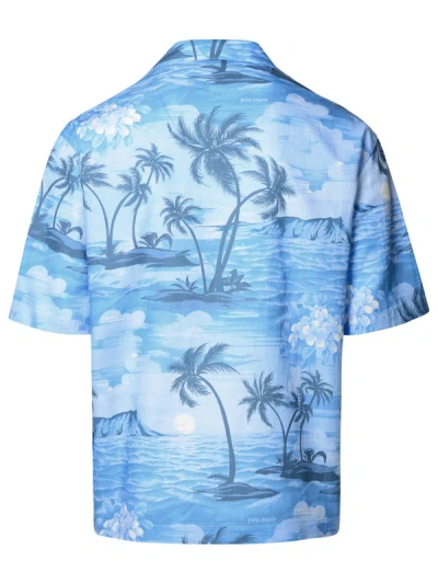 Shop Palm Angels 'bowling' Blue Linen Blend Shirt Man