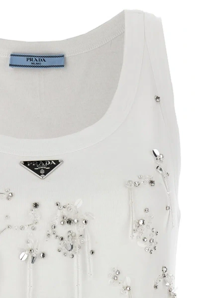 Shop Prada Women Logo Crystal Beaded Top In White