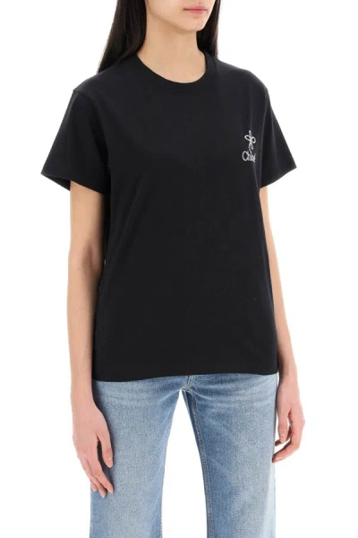 Shop Chloé Chloe' Contrast Embroidered Logo T-shirt With Contrasting In Black