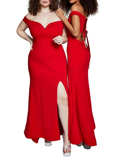 Shop B Darlin Juniors Womens Off The Shoulder Lace Up Evening Dress In Red
